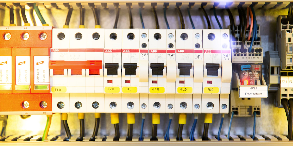 Primo piano di componenti elettronici multicolori di un quadro di controllo